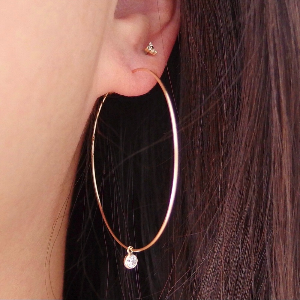 Large diamond cz hoop earrings 14k GF - Picture 3 of 8